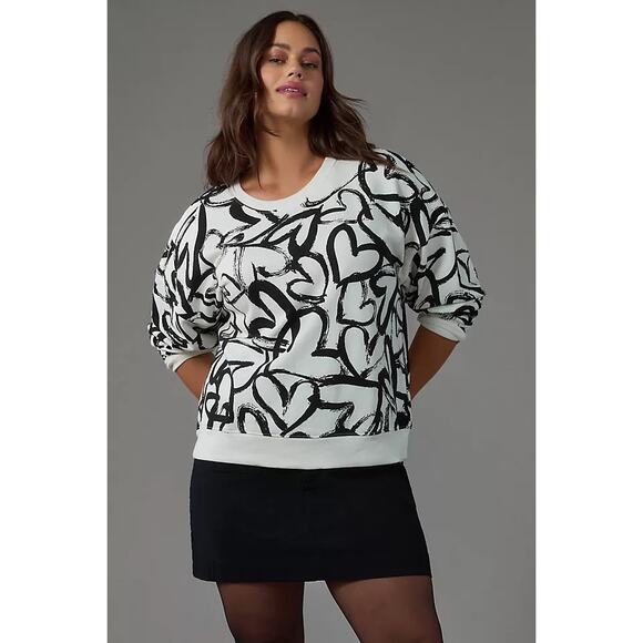 Maeve by Anthropologie Graphic Heart Print Sweatshirt White Black XS - Picture 1 of 7